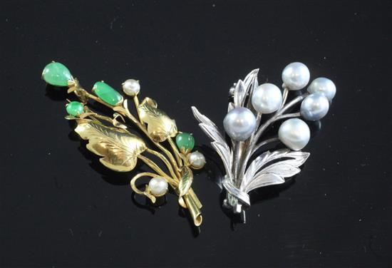 A gold, chrysophase, jade and cultured pearl spray brooch and a silver spray brooch,